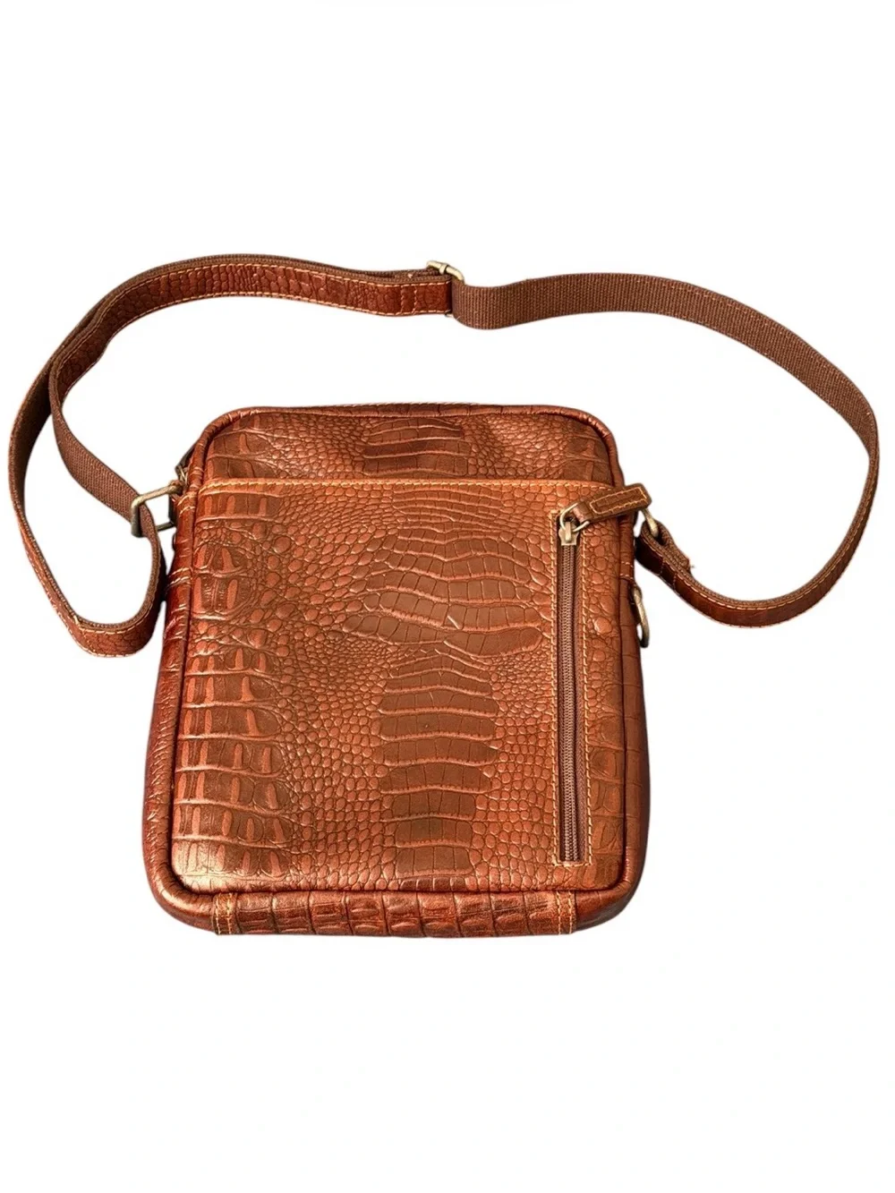 Jack Georges Genuine Leather Croc Embossed Messenger Crossbody/Sling Bag Brown